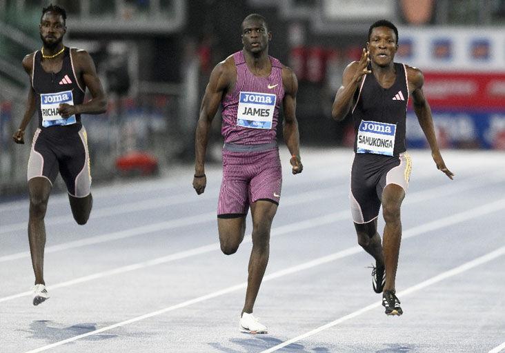 SUB-44 CLOCKING: Zambia’s Muzala Samukonga, right, leads home Grenada’s Kirani James, centre, and Trinidad and Tobago’s Jereem Richards, in the men’s 400 metres at the Golden Gala Wanda Diamond League meet, at the Stadio Olimpico in Rome, yesterday. —Photo: AP (Image obtained at trinidadexpress.com)