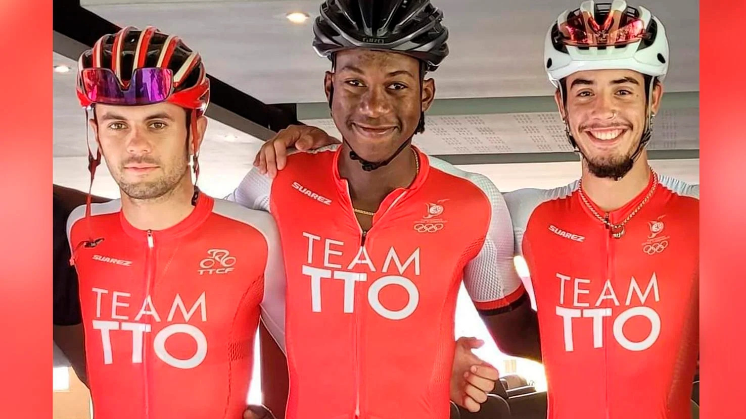 READY TO RUMBLE: Three of the four members of the TTO team, Enrique De Camarmond, from left, Tariq Woods and Liam Trepte who will be competing at the Caribbean Elite Road Champiionships, in Guyana, this weekend.  —Photo couretesy TTCF (Image obtained at trinidadexpress.com)